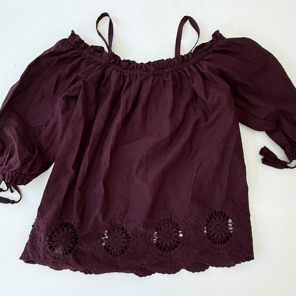 LOFT Plum Off-Shoulder Cotton Blouse with Crochet Detail